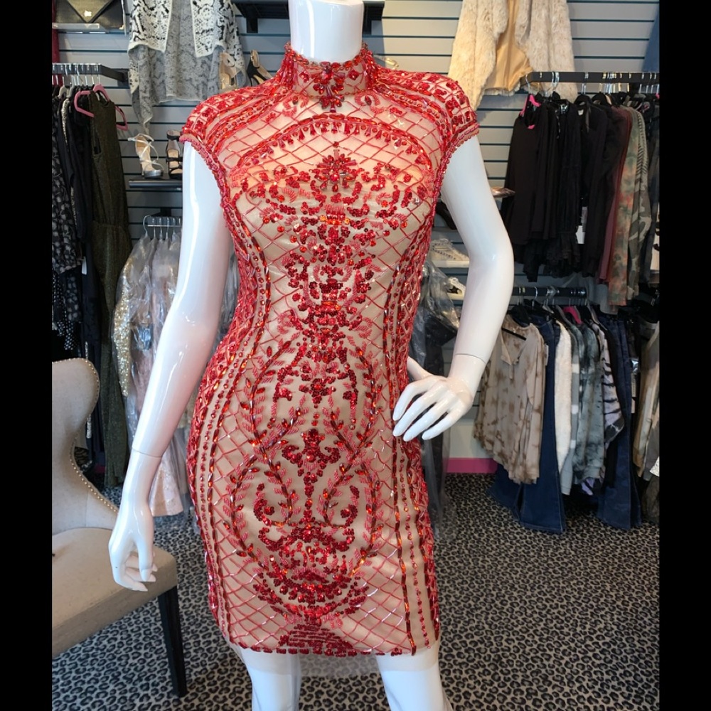 Jovani red beaded collar dress